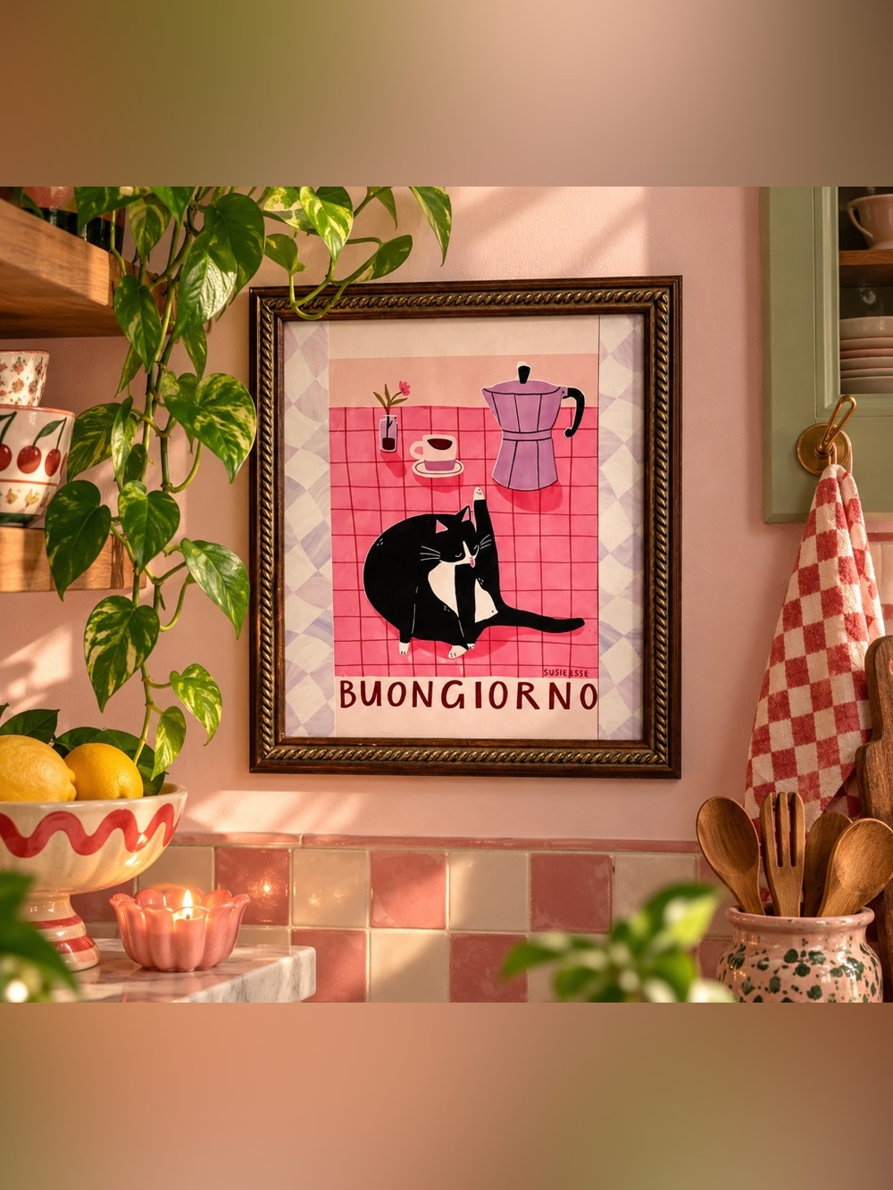 Buongiorno Tuxedo Cat Coffee Espresso Kitchen Canvas Art Print Framed Wall Art